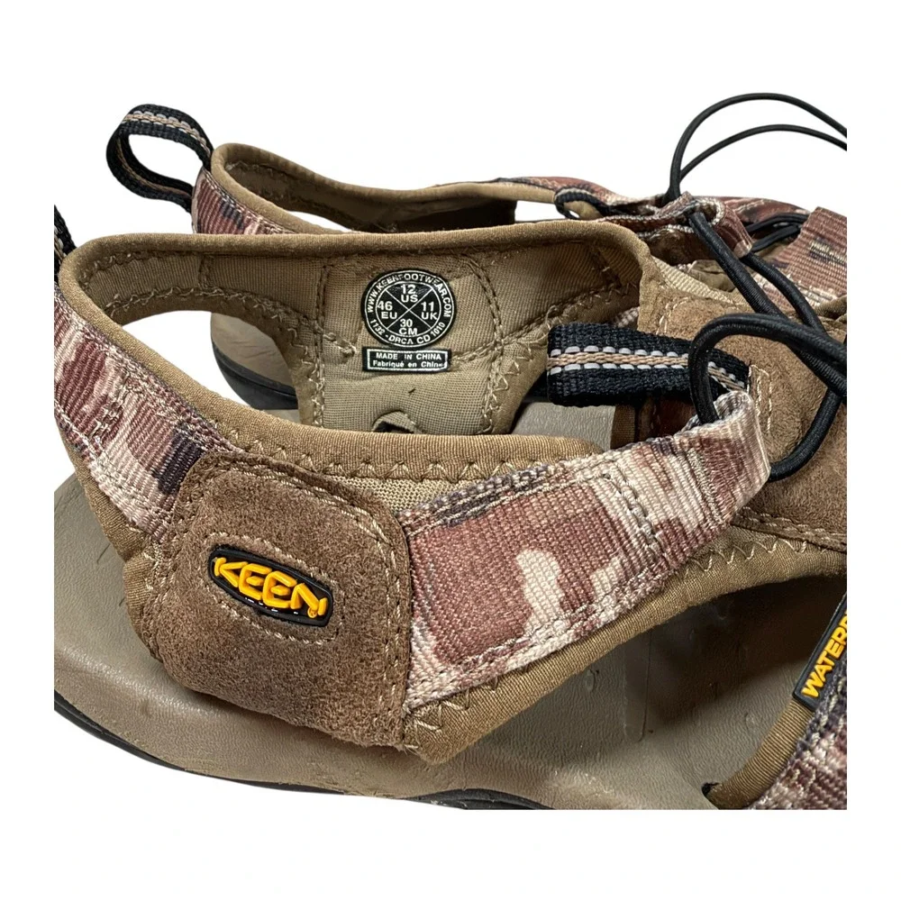 KEEN Clearwater CNX Sandals Mens 12 Brown Camo Bungee Lace Outdoor Hiking Logo